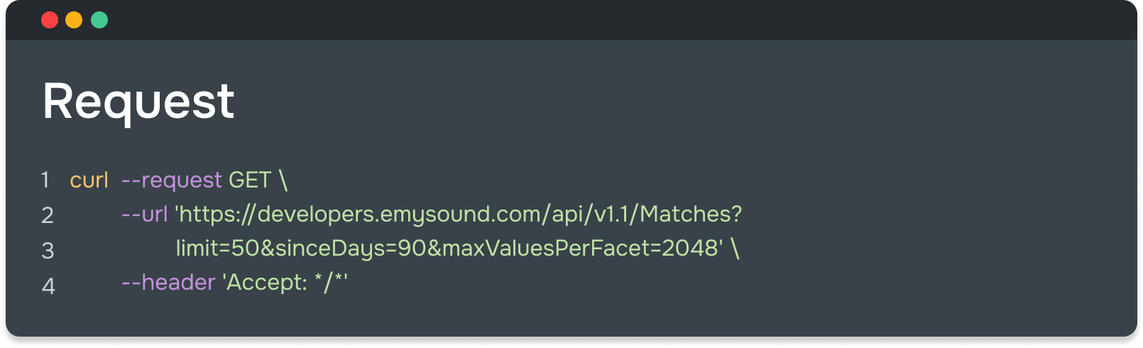An example of a cURL request sent to Emysound backend